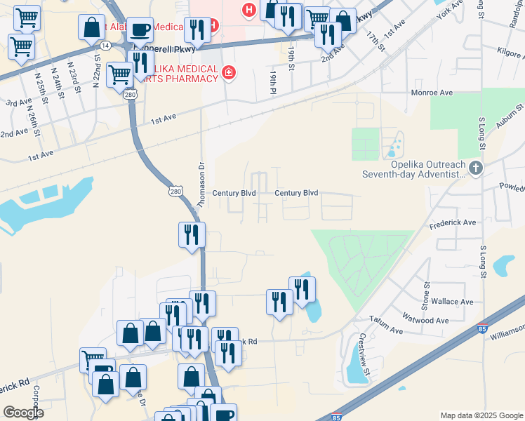 map of restaurants, bars, coffee shops, grocery stores, and more near 1801 Century Boulevard in Opelika
