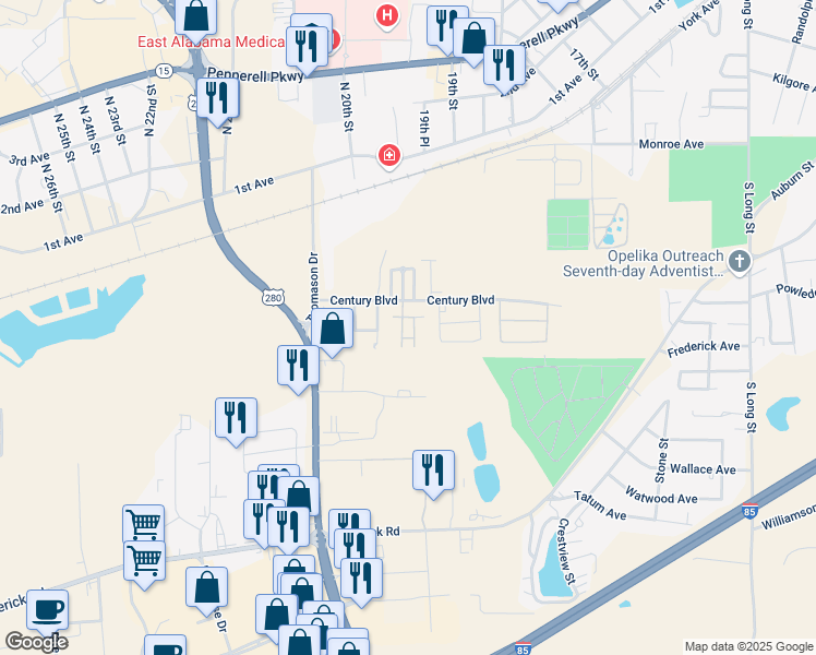 map of restaurants, bars, coffee shops, grocery stores, and more near 1801 Century Boulevard in Opelika