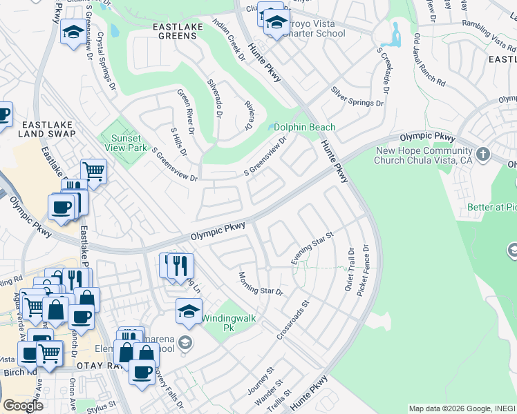map of restaurants, bars, coffee shops, grocery stores, and more near 1452 Ashford Castle Drive in Chula Vista