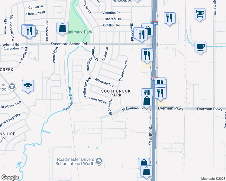 map of restaurants, bars, coffee shops, grocery stores, and more near 308 Blairwood Drive in Fort Worth