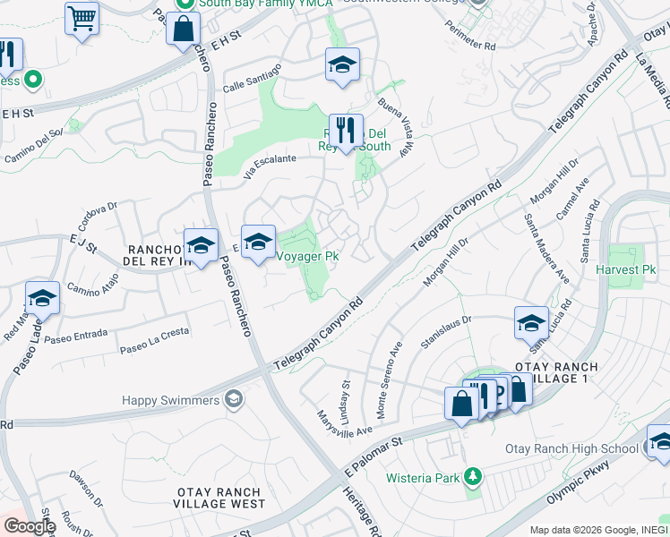 map of restaurants, bars, coffee shops, grocery stores, and more near 1265 Aguirre Drive in Chula Vista