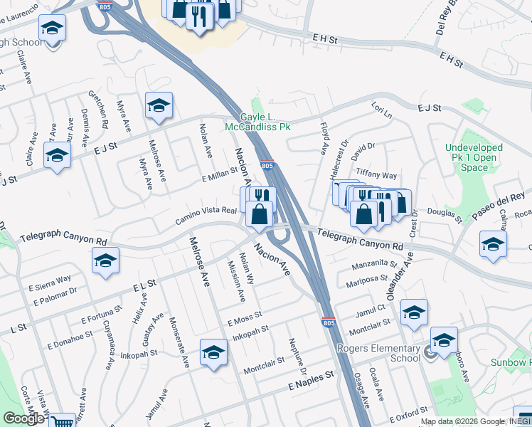 map of restaurants, bars, coffee shops, grocery stores, and more near 835 Tamayo Drive in Chula Vista