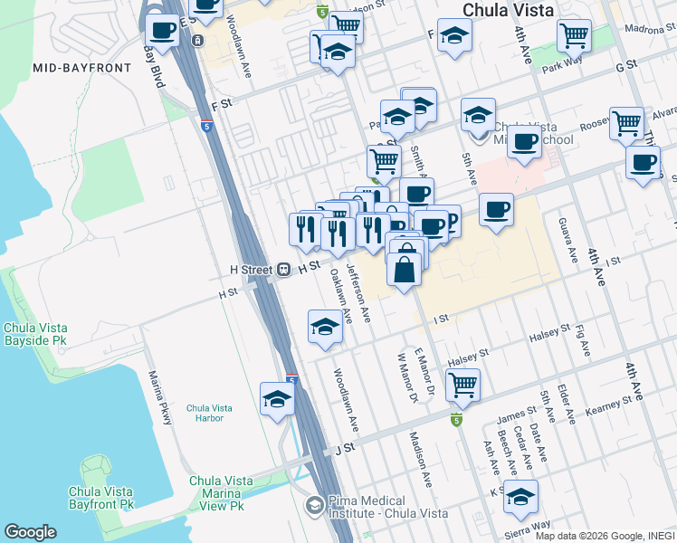 map of restaurants, bars, coffee shops, grocery stores, and more near 511 Oaklawn Avenue in Chula Vista