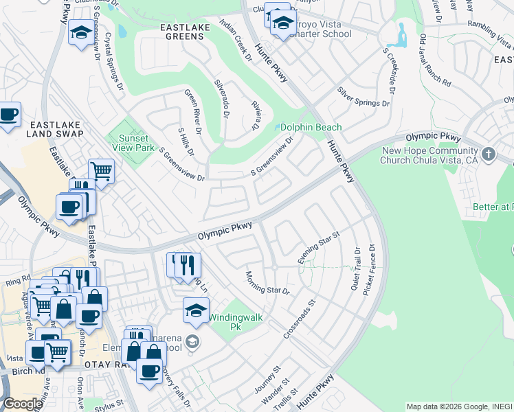 map of restaurants, bars, coffee shops, grocery stores, and more near 1452 Ashford Castle Drive in Chula Vista