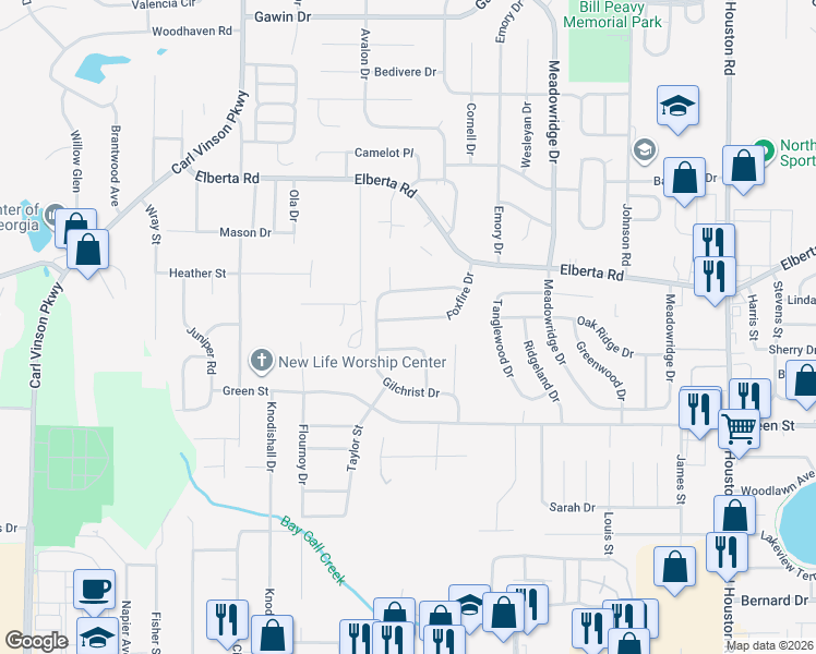 map of restaurants, bars, coffee shops, grocery stores, and more near 120 Foxfire Drive in Warner Robins