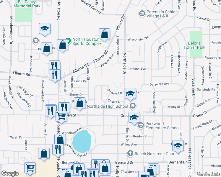 map of restaurants, bars, coffee shops, grocery stores, and more near 324 Orchard Lane in Warner Robins