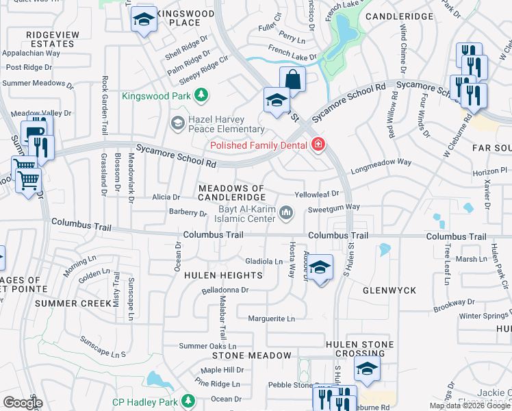 map of restaurants, bars, coffee shops, grocery stores, and more near 4617 Applewood Road in Fort Worth