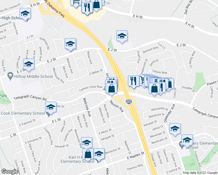 map of restaurants, bars, coffee shops, grocery stores, and more near 859 Tamayo Drive in Chula Vista