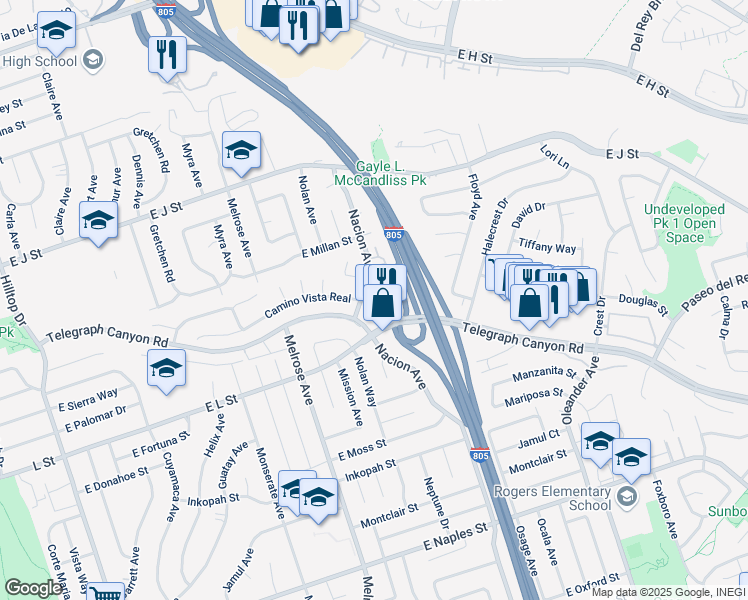 map of restaurants, bars, coffee shops, grocery stores, and more near 859 Nacion Avenue in Chula Vista