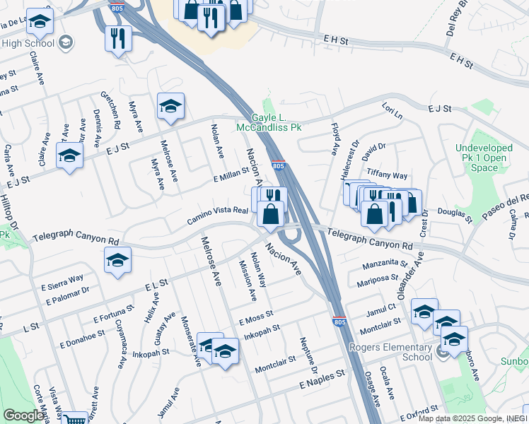 map of restaurants, bars, coffee shops, grocery stores, and more near 859 Tamayo Drive in Chula Vista