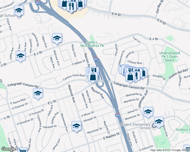 map of restaurants, bars, coffee shops, grocery stores, and more near 835 Tamayo Drive in Chula Vista