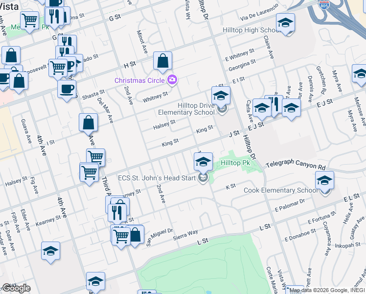 map of restaurants, bars, coffee shops, grocery stores, and more near 127 J Street in Chula Vista