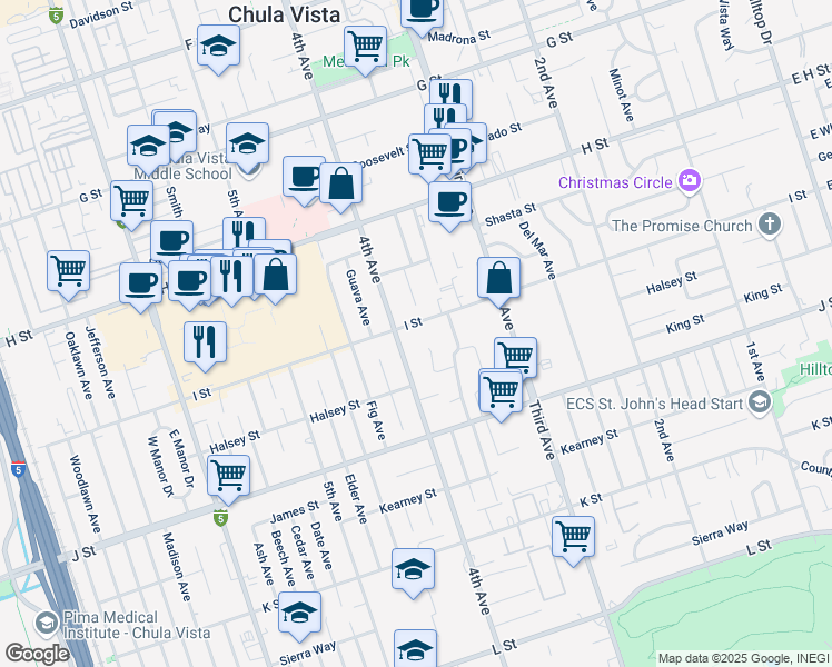 map of restaurants, bars, coffee shops, grocery stores, and more near 605 4th Avenue in Chula Vista