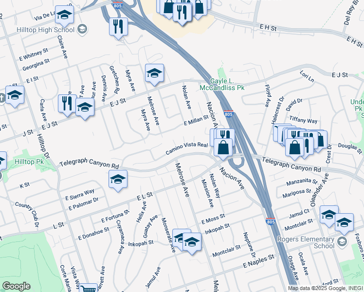 map of restaurants, bars, coffee shops, grocery stores, and more near 250 Camino Vista Real in Chula Vista