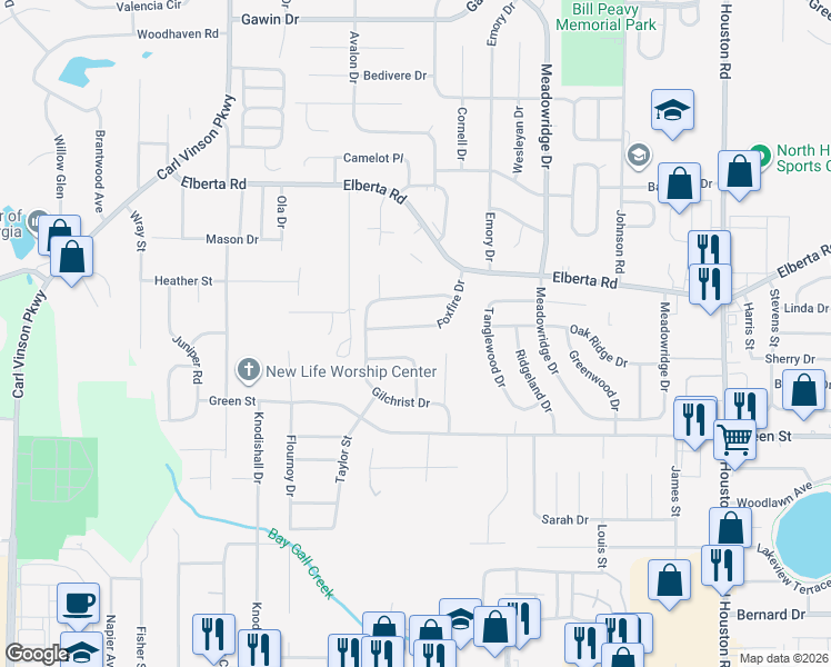 map of restaurants, bars, coffee shops, grocery stores, and more near 120 Foxfire Drive in Warner Robins