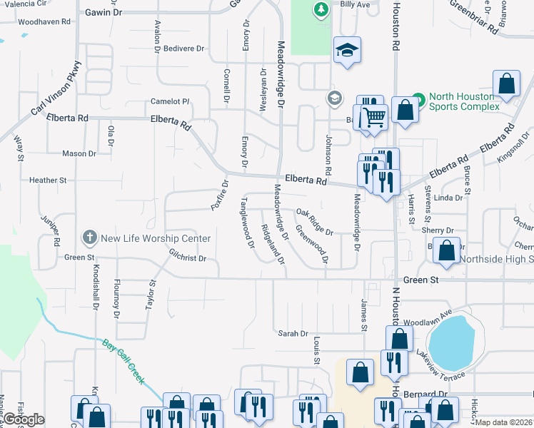 map of restaurants, bars, coffee shops, grocery stores, and more near 329 Meadowridge Drive in Warner Robins