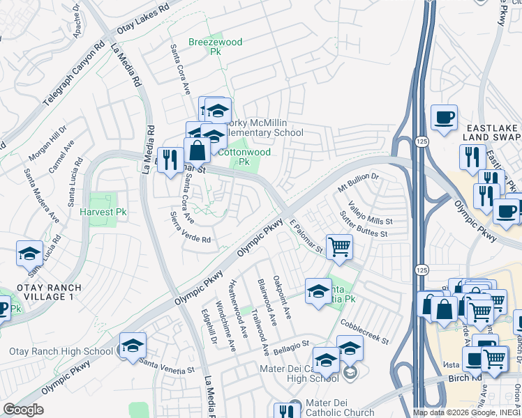 map of restaurants, bars, coffee shops, grocery stores, and more near 1401 Caminito Capistrano in Chula Vista