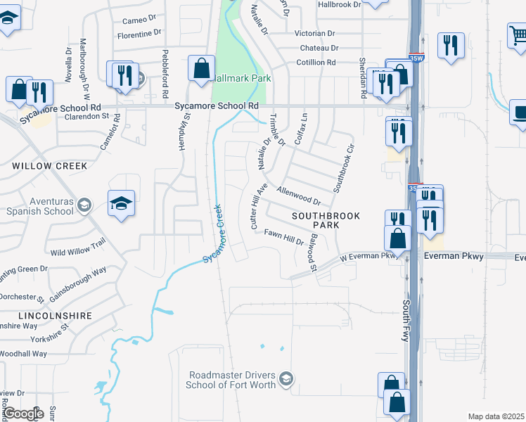 map of restaurants, bars, coffee shops, grocery stores, and more near 409 Dakota Ridge Drive in Fort Worth