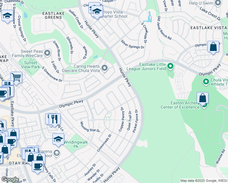 map of restaurants, bars, coffee shops, grocery stores, and more near 1548 Copper Penny Drive in Chula Vista