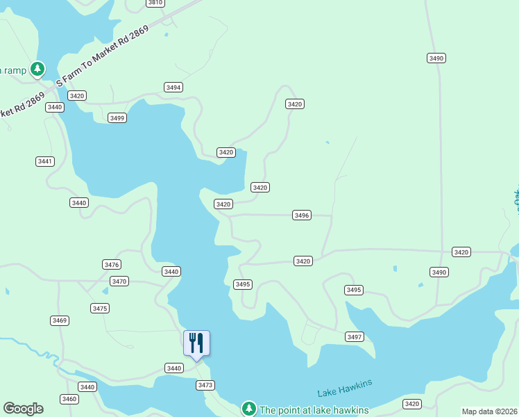 map of restaurants, bars, coffee shops, grocery stores, and more near County Road 3496 in Hawkins