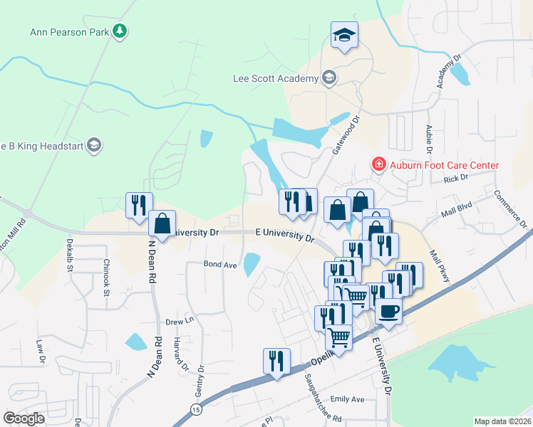 map of restaurants, bars, coffee shops, grocery stores, and more near 2260 E University Dr in Auburn