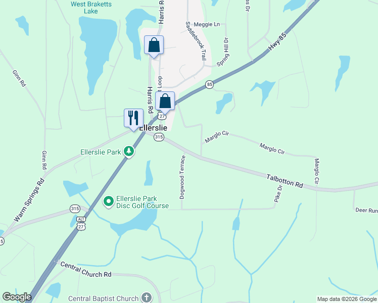 map of restaurants, bars, coffee shops, grocery stores, and more near 17977 Talbotton Road in Ellerslie