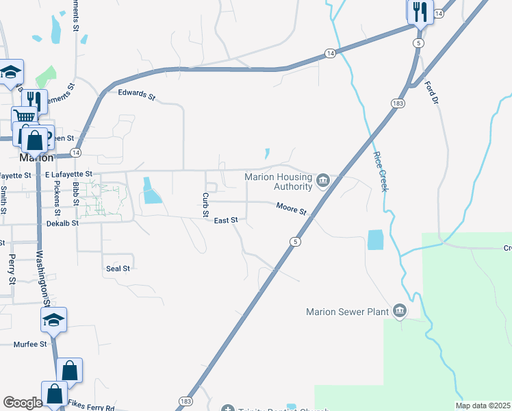 map of restaurants, bars, coffee shops, grocery stores, and more near 608 Moore Street in Marion