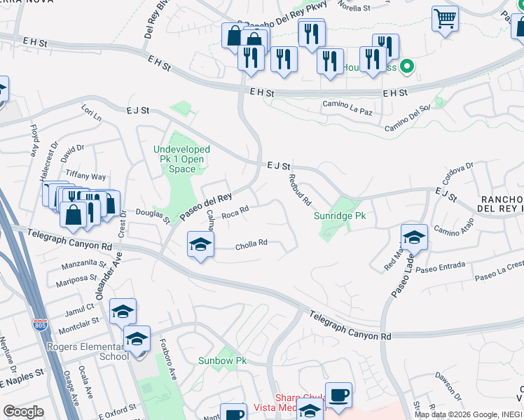 map of restaurants, bars, coffee shops, grocery stores, and more near 756 Roca Road in Chula Vista