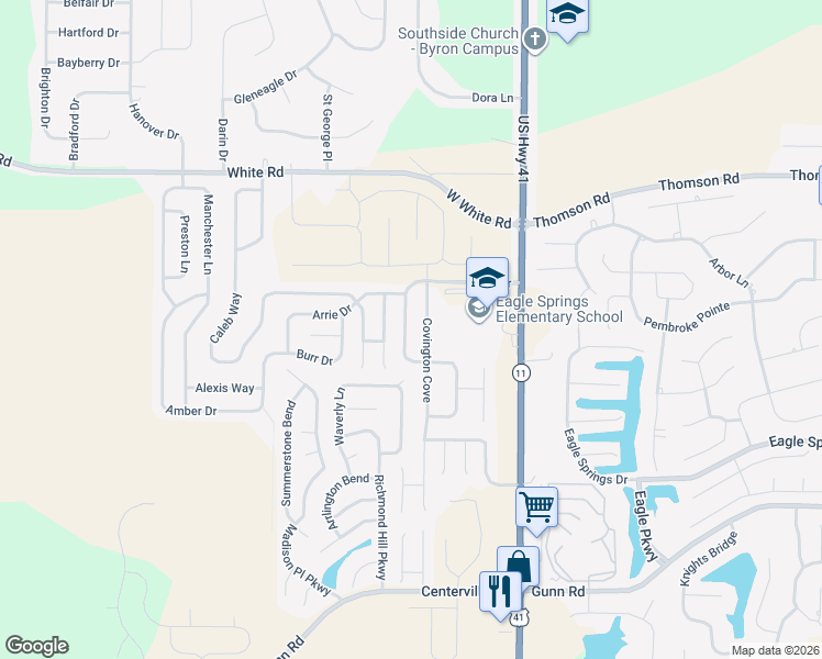 map of restaurants, bars, coffee shops, grocery stores, and more near 114 Faybrook Drive in Byron