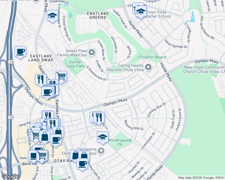 map of restaurants, bars, coffee shops, grocery stores, and more near 2352 Feather River Road in Chula Vista