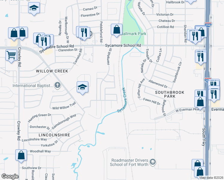 map of restaurants, bars, coffee shops, grocery stores, and more near 8325 Whispering Willow Lane in Fort Worth