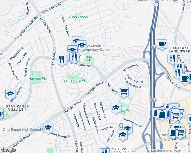 map of restaurants, bars, coffee shops, grocery stores, and more near 1401 Caminito Capistrano in Chula Vista