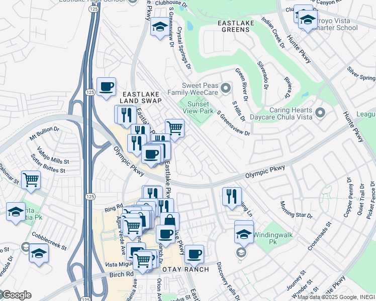map of restaurants, bars, coffee shops, grocery stores, and more near 1453 Caminito Sardinia in Chula Vista