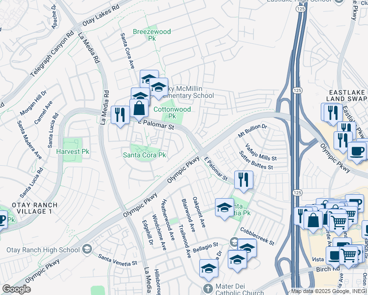 map of restaurants, bars, coffee shops, grocery stores, and more near 1378 Caminito Capistrano in Chula Vista