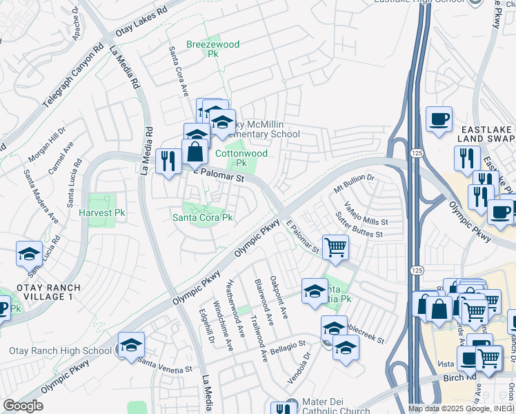 map of restaurants, bars, coffee shops, grocery stores, and more near 1395 Caminito Capistrano in Chula Vista
