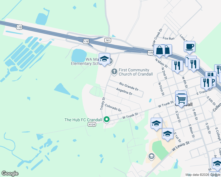 map of restaurants, bars, coffee shops, grocery stores, and more near 105 Angelina Drive in Crandall