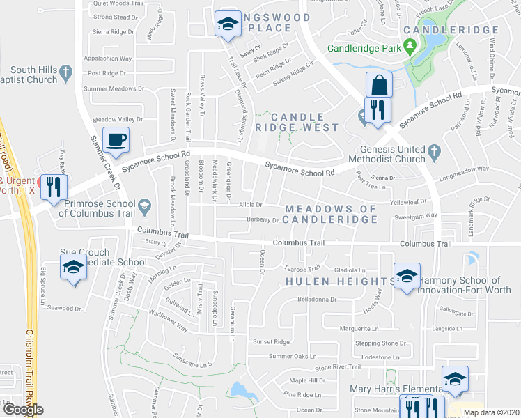 map of restaurants, bars, coffee shops, grocery stores, and more near 4921 Alicia Drive in Fort Worth