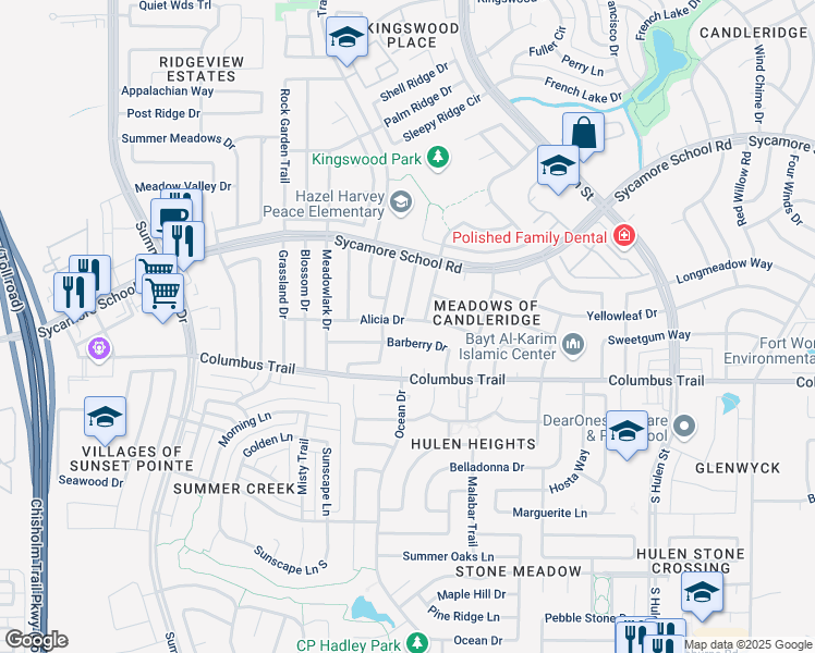 map of restaurants, bars, coffee shops, grocery stores, and more near 4908 Barberry Drive in Fort Worth