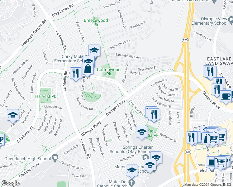 map of restaurants, bars, coffee shops, grocery stores, and more near 1401 Caminito Capistrano in Chula Vista