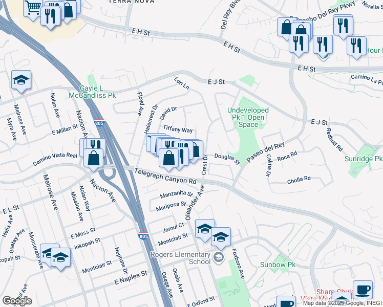 map of restaurants, bars, coffee shops, grocery stores, and more near 588 Douglas Street in Chula Vista