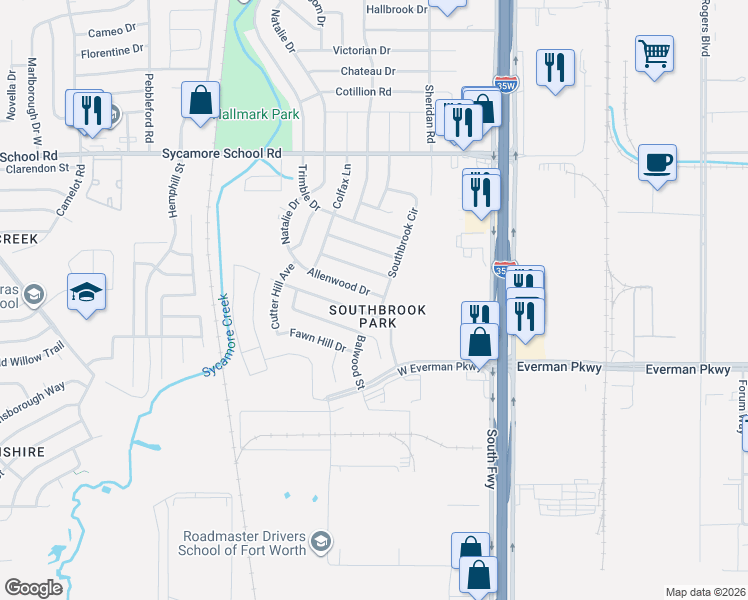 map of restaurants, bars, coffee shops, grocery stores, and more near 308 Blairwood Drive in Fort Worth