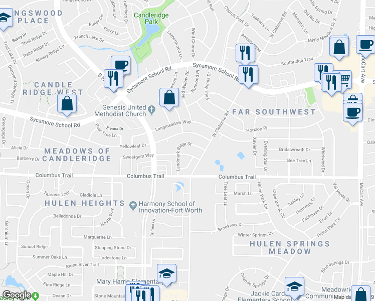 map of restaurants, bars, coffee shops, grocery stores, and more near 4217 Sweetgum Way in Fort Worth