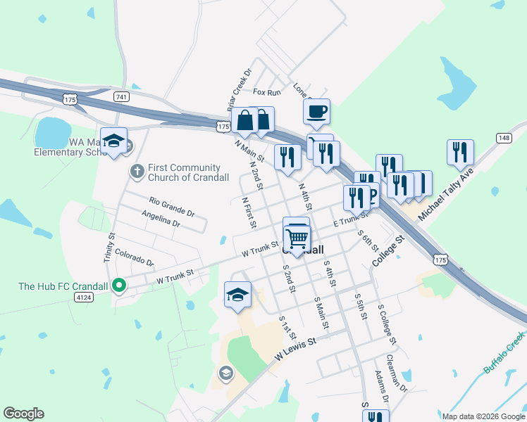 map of restaurants, bars, coffee shops, grocery stores, and more near 202 North 2nd Street in Crandall