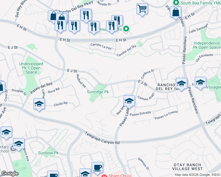 map of restaurants, bars, coffee shops, grocery stores, and more near 1024 River Ash Drive in Chula Vista