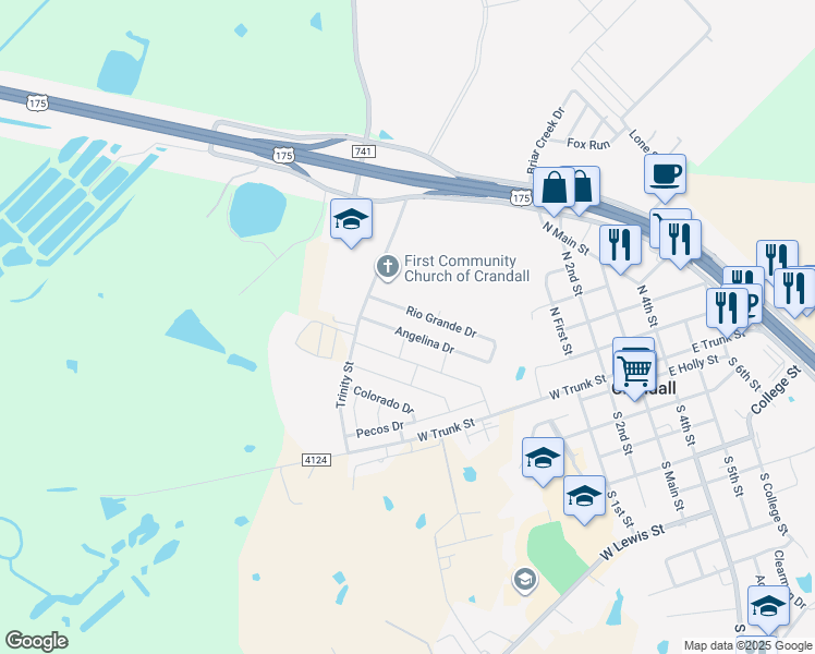 map of restaurants, bars, coffee shops, grocery stores, and more near 121 Angelina Drive in Crandall