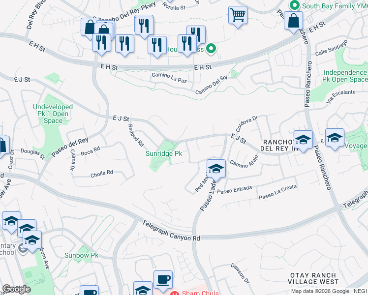 map of restaurants, bars, coffee shops, grocery stores, and more near 1024 River Ash Drive in Chula Vista
