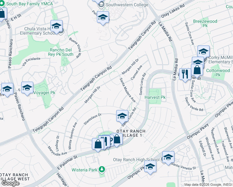 map of restaurants, bars, coffee shops, grocery stores, and more near 1230 Farmerville Street in Chula Vista