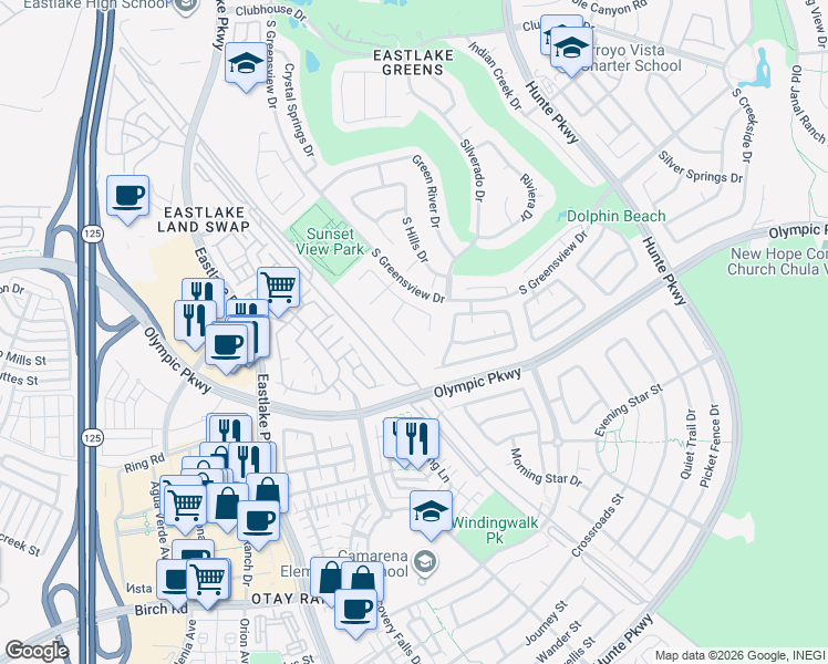 map of restaurants, bars, coffee shops, grocery stores, and more near 1475 Knollwood Place in Chula Vista