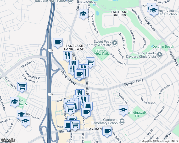 map of restaurants, bars, coffee shops, grocery stores, and more near 1448 Caminito Sicilia in Chula Vista