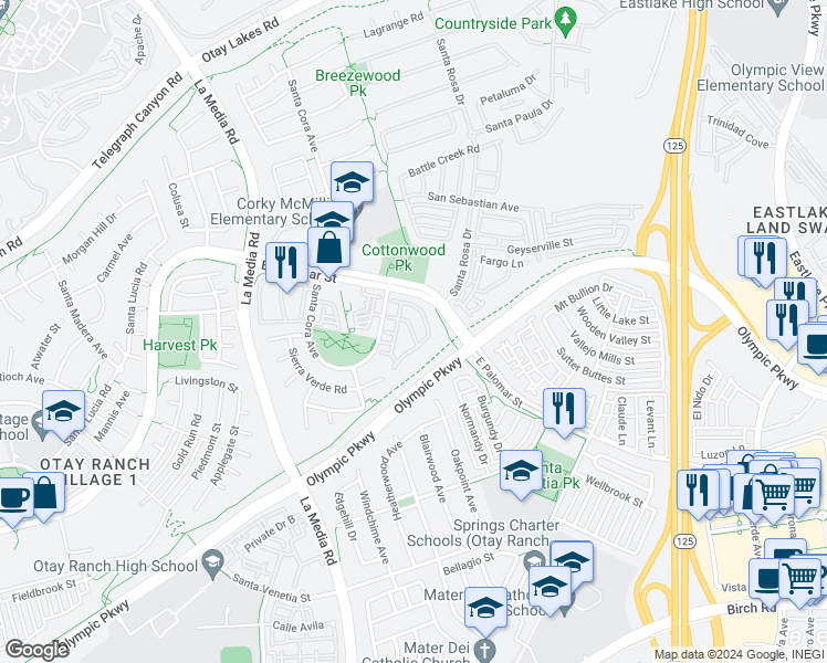 map of restaurants, bars, coffee shops, grocery stores, and more near 1431 Caminito Capistrano in Chula Vista